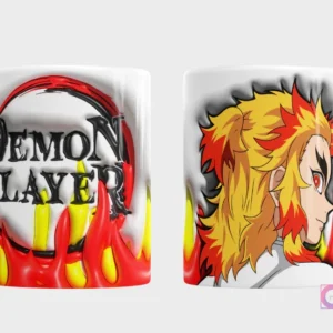 Taza sublimada con Rengoku Kyojuro y logo Demon Slayer rodeado de llamas rojas con efecto 3D inflado