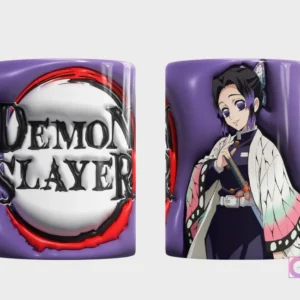 Taza con diseño de Shinobu Kocho de Demon Slayer y logo 3D inflado sobre un fondo morado suave