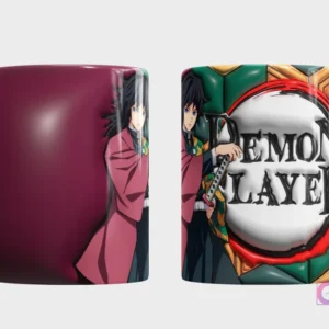Taza con diseño de Giyu Tomioka de Demon Slayer y logo 3D inflado sobre fondo geométrico verde y oro