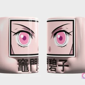 Taza con diseño de ojos anime rosas y caracteres japoneses, con efecto 3D inflado sobre fondo rosa claro