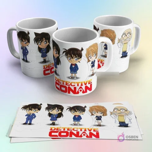 Tazas de sublimación con diseños chibi de Detective Conan, Ran Mouri y otros personajes sobre un fondo blanco y detalles tecnológicos. Tazas de sublimación con diseños chibi de Detective Conan, Ran Mouri y otros personajes sobre un fondo blanco y detalles tecnológicos.