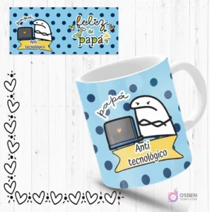 Mockup de taza sublimada con Flork 'anti tecnológico' frustrado frente a un portátil, fondo azul con puntos. Incluye plantilla de diseño 'Feliz Día Papá'.
