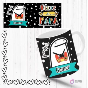 Mockup de taza sublimada con Flork 'gamer' sosteniendo un control de videojuegos, fondo negro con puntos blancos. Incluye plantilla de diseño 'Feliz Día Papá'.