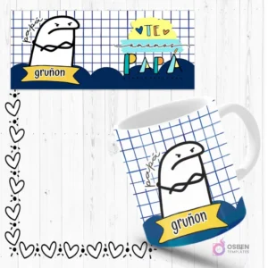 Mockup de taza sublimada con Flork 'gruñón' con cara de enojado, fondo azul a cuadros. Incluye plantilla de diseño con mensaje 'Te amo Papá'.