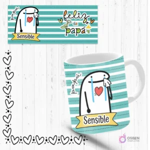 Mockup de taza sublimada con Flork 'sensible' llorando con un corazón, fondo verde con rayas. Incluye plantilla de diseño 'Feliz Día Papá'.