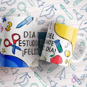 Mug blanco y azul con tijeras, lápiz, mochila y la frase 'Día del Estudiante ¡Feliz Día!'