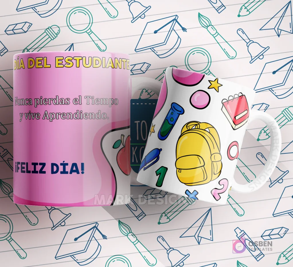 Mug rosa y blanco con frases inspiradoras como 'Nunca pierdas el Tiempo y vive Aprendiendo.' junto a una mochila amarilla. Mug rosa y blanco con frases inspiradoras como 'Nunca pierdas el Tiempo y vive Aprendiendo.' junto a una mochila amarilla.