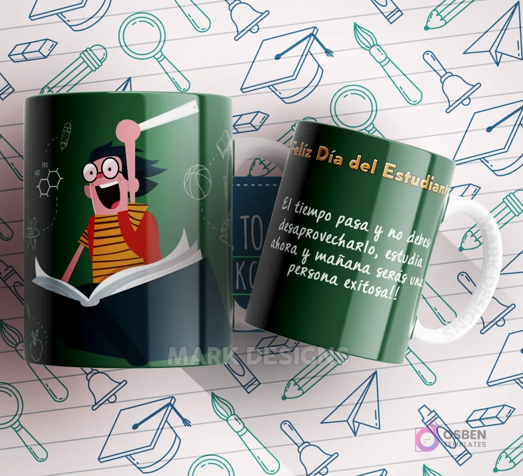Mug verde con un estudiante emocionado leyendo un libro y la frase 'El tiempo pasa y no debes desaprovecharlo, estudia ahora y mañana serás una persona exitosa!' Mug verde con un estudiante emocionado leyendo un libro y la frase 'El tiempo pasa y no debes desaprovecharlo, estudia ahora y mañana serás una persona exitosa!'