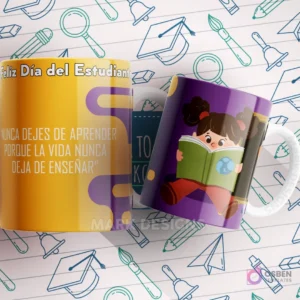 Mug amarillo y púrpura con una niña leyendo un libro y la cita 'NUNCA DEJES DE APRENDER PORQUE LA VIDA NUNCA DEJA DE ENSEÑAR'.