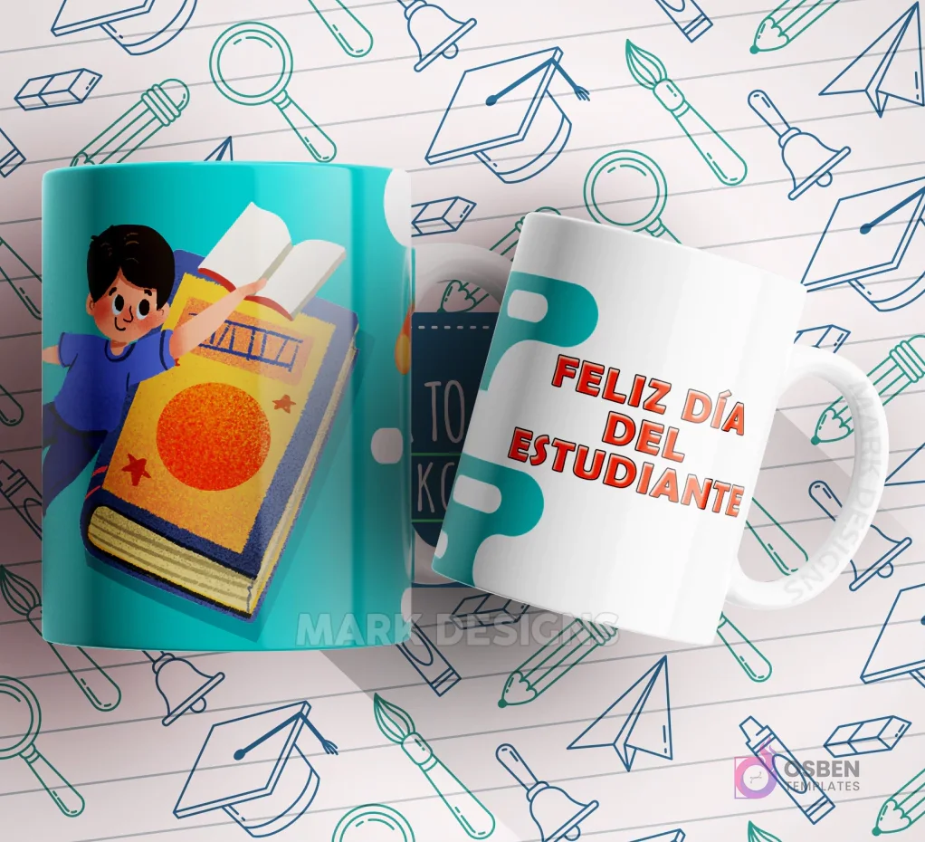 Mug azul celeste con un niño feliz saltando sobre libros y la frase 'FELIZ DÍA DEL ESTUDIANTE' en rojo. Mug azul celeste con un niño feliz saltando sobre libros y la frase 'FELIZ DÍA DEL ESTUDIANTE' en rojo.