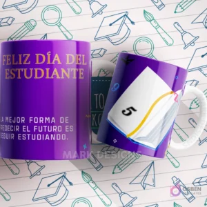 Mug púrpura con un libro abierto y la frase 'FELIZ DÍA DEL ESTUDIANTE' y 'LA MEJOR FORMA DE PREDECIR EL FUTURO ES SEGUIR ESTUDIANDO'.