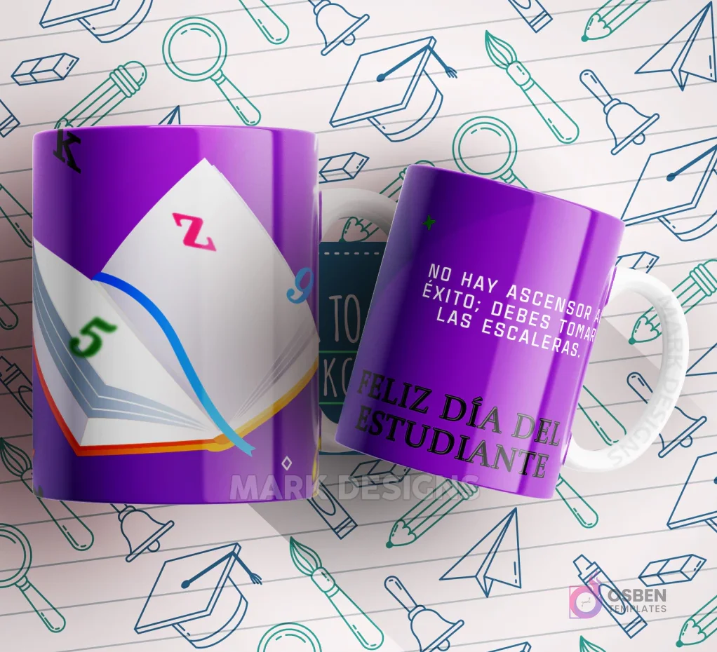 Mug púrpura con un libro abierto y la frase 'NO HAY ASCENSOR AL ÉXITO: DEBES TOMAR LAS ESCALERAS' y 'FELIZ DÍA DEL ESTUDIANTE'. Mug púrpura con un libro abierto y la frase 'NO HAY ASCENSOR AL ÉXITO: DEBES TOMAR LAS ESCALERAS' y 'FELIZ DÍA DEL ESTUDIANTE'.