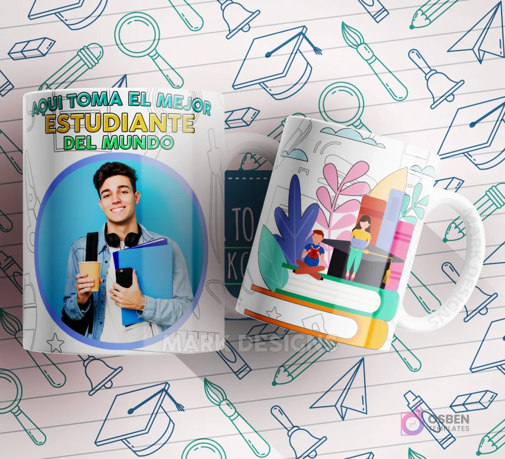 Mug blanco y azul con un estudiante sonriente con libros y auriculares, y la frase 'AQUÍ TOMA EL MEJOR ESTUDIANTE DEL MUNDO'. Mug blanco y azul con un estudiante sonriente con libros y auriculares, y la frase 'AQUÍ TOMA EL MEJOR ESTUDIANTE DEL MUNDO'.