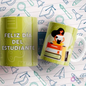 Mug verde lima con una mujer sentada sobre libros y la frase 'FELIZ DÍA DEL ESTUDIANTE'.