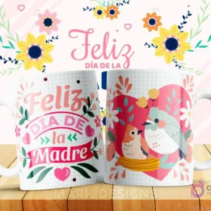 Taza sublimada con diseño 'Feliz Día de la Madre' y un par de pájaros, madre e hijo, en un nido con detalles florales
