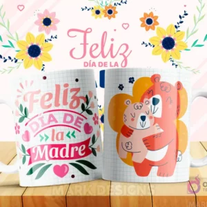 Taza sublimada con diseño 'Feliz Día de la Madre' y una osa madre abrazando tiernamente a su osezno