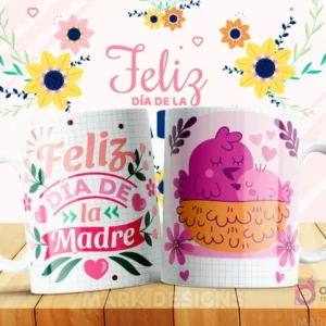 Taza sublimada con diseño 'Feliz Día de la Madre' y una madre pájaro con su cría en un nido, estilo caricatura adorable
