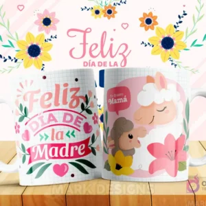 Taza sublimada con diseño 'Feliz Día de la Madre' y una llama madre con su cría, junto a la frase 'Te Quiero Mamá'