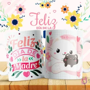 Taza sublimada con diseño 'Feliz Día de la Madre' y una gata madre con su gatito, con la frase 'Te Quiero'