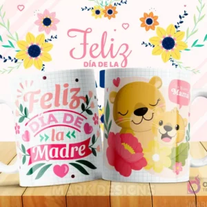 Taza sublimada con diseño 'Feliz Día de la Madre' y una leona madre con su cachorro, con la frase 'Te Amo Mamá'