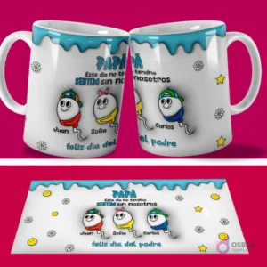 Par de tazas sublimadas con el diseño 'PAPÁ Este día no tendría sentido sin nosotros' con espermatozoides nombrados Juan, Sofía, Carlos, y la frase 'Feliz día del padre', más la plantilla PSD plana con fondo azul y rojo.