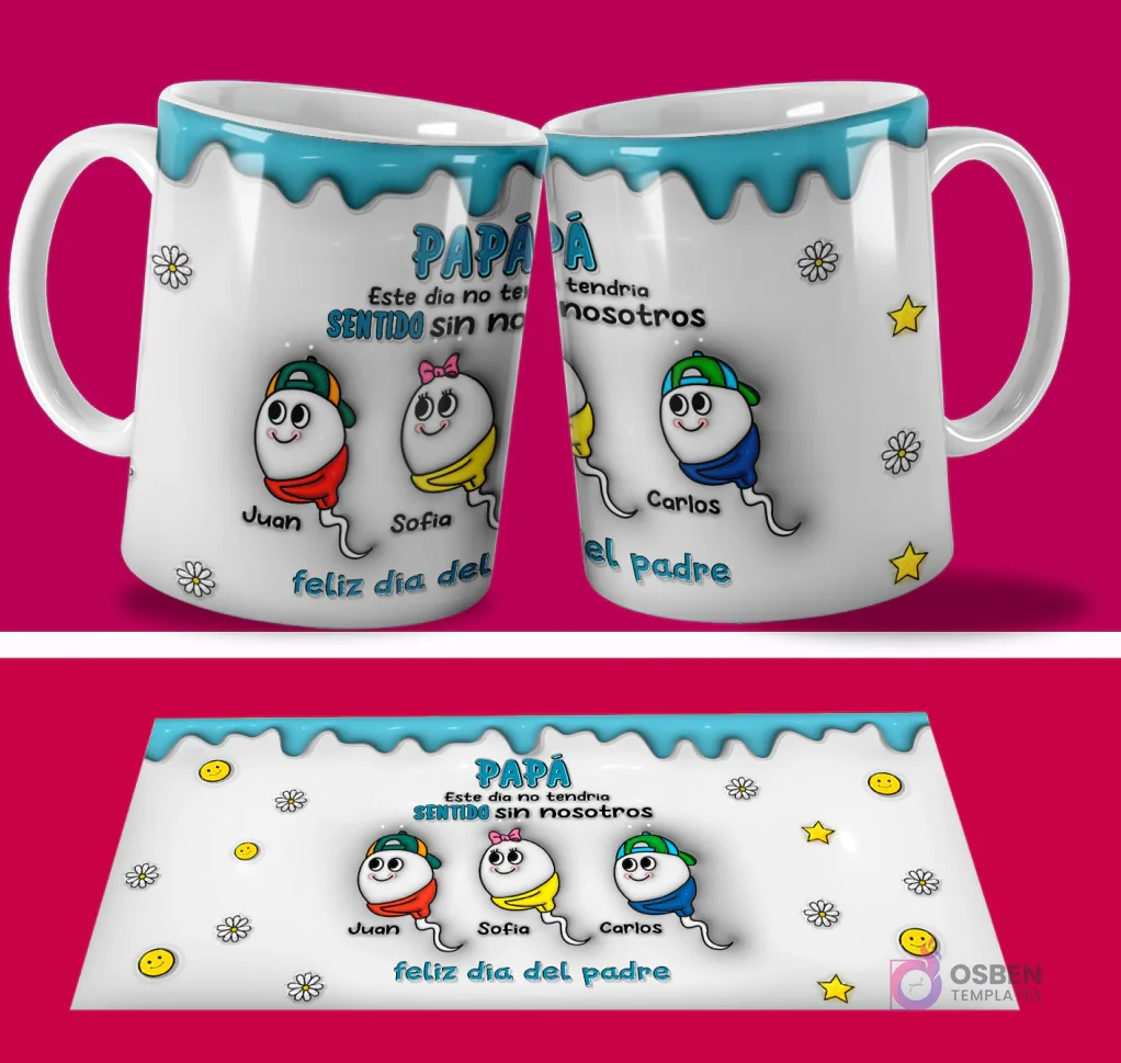 Par de tazas sublimadas con el diseño 'PAPÁ Este día no tendría sentido sin nosotros' con espermatozoides nombrados Juan, Sofía, Carlos, y la frase 'Feliz día del padre', más la plantilla PSD plana con fondo azul y rojo. Par de tazas sublimadas con el diseño 'PAPÁ Este día no tendría sentido sin nosotros' con espermatozoides nombrados Juan, Sofía, Carlos, y la frase 'Feliz día del padre', más la plantilla PSD plana con fondo azul y rojo.
