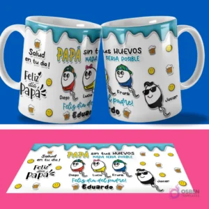 Par de tazas sublimadas con el diseño 'Salud en tu día! Feliz día papá!' y 'PAPA sin tus HUEVOS NADA SERÍA POSIBLE' con nombres Diego, Lucia, Frank, Javier, Eduardo, junto a su plantilla PSD plana con fondo azul y rosa.