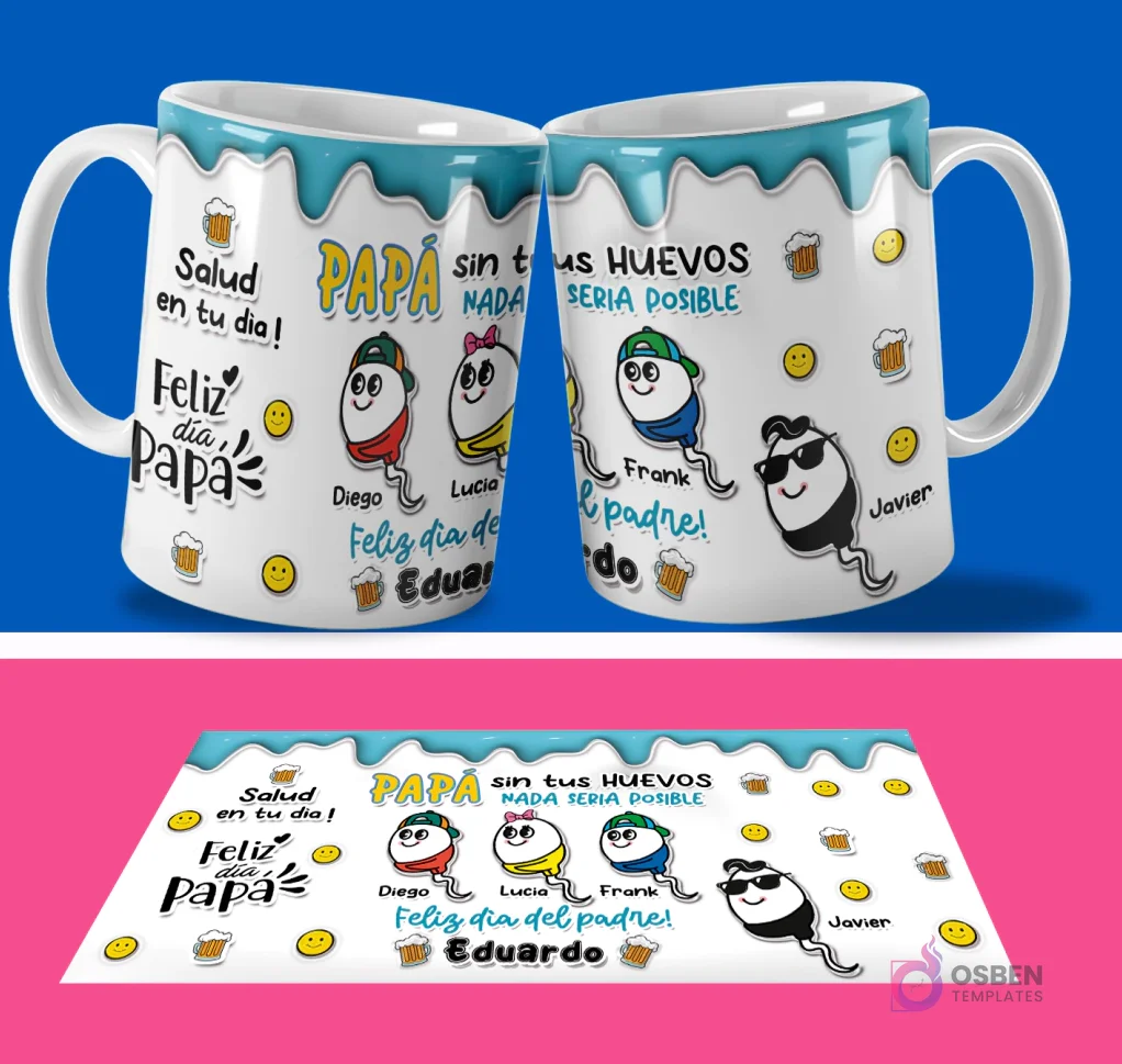 Par de tazas sublimadas con el diseño 'Salud en tu día! Feliz día papá!' y 'PAPA sin tus HUEVOS NADA SERÍA POSIBLE' con nombres Diego, Lucia, Frank, Javier, Eduardo, junto a su plantilla PSD plana con fondo azul y rosa. Par de tazas sublimadas con el diseño 'Salud en tu día! Feliz día papá!' y 'PAPA sin tus HUEVOS NADA SERÍA POSIBLE' con nombres Diego, Lucia, Frank, Javier, Eduardo, junto a su plantilla PSD plana con fondo azul y rosa.