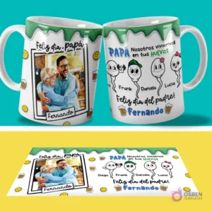 Par de tazas sublimadas con diseño personalizable de foto y la frase 'PAPA Nosotros vivíamos en tus HUEVOS' con nombres Frank, Daniela, Lucia, y 'Feliz día del padre Fernando', junto a su plantilla PSD plana con fondo verde y amarillo.