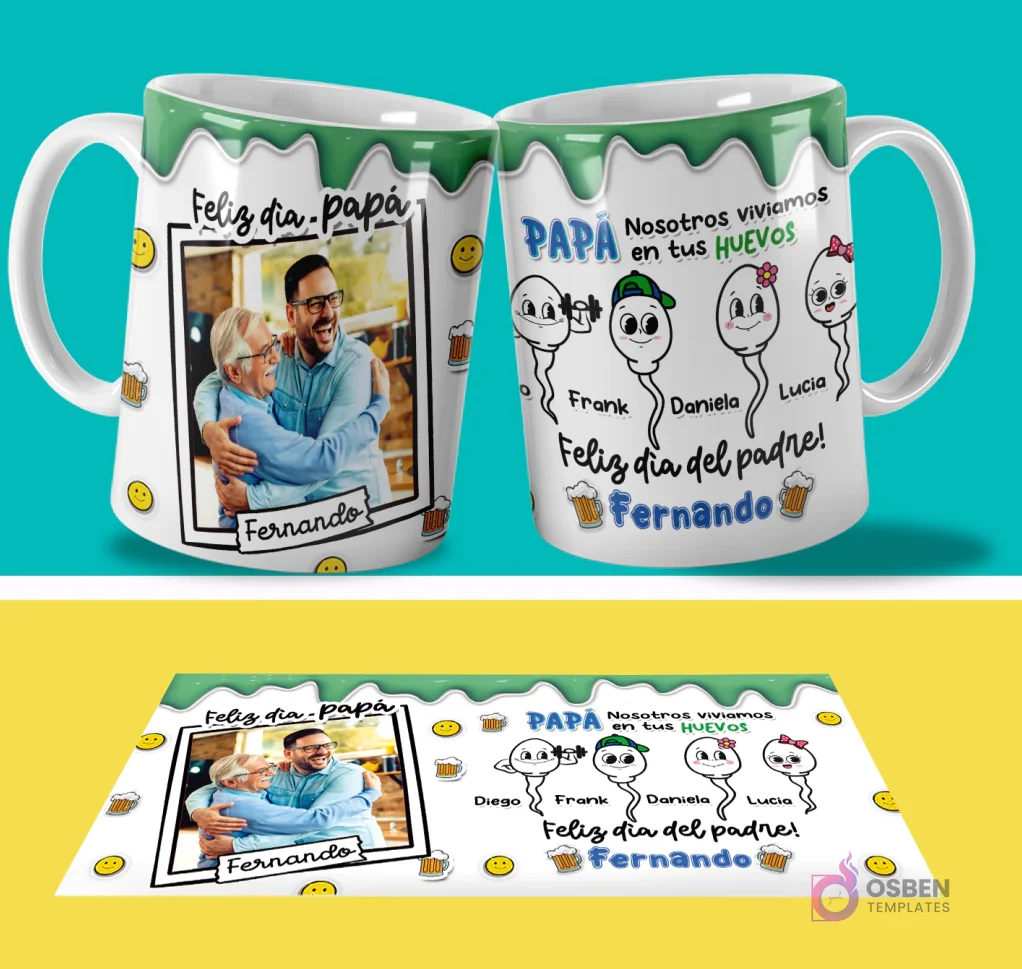 Par de tazas sublimadas con diseño personalizable de foto y la frase 'PAPA Nosotros vivíamos en tus HUEVOS' con nombres Frank, Daniela, Lucia, y 'Feliz día del padre Fernando', junto a su plantilla PSD plana con fondo verde y amarillo. Par de tazas sublimadas con diseño personalizable de foto y la frase 'PAPA Nosotros vivíamos en tus HUEVOS' con nombres Frank, Daniela, Lucia, y 'Feliz día del padre Fernando', junto a su plantilla PSD plana con fondo verde y amarillo.