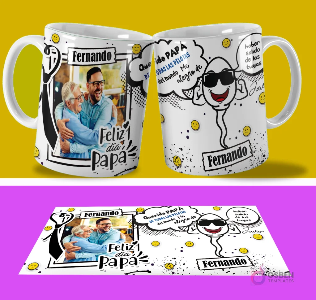 Par de tazas sublimadas con diseño personalizable de foto, nombre 'Fernando' y frase humorística 'Querido PAPÁ de todas las PELOTAS del mundo me alegro de haber salido de las tuyas' con personaje de espermatozoide, y su plantilla PSD plana con fondo amarillo y morado. Par de tazas sublimadas con diseño personalizable de foto, nombre 'Fernando' y frase humorística 'Querido PAPÁ de todas las PELOTAS del mundo me alegro de haber salido de las tuyas' con personaje de espermatozoide, y su plantilla PSD plana con fondo amarillo y morado.