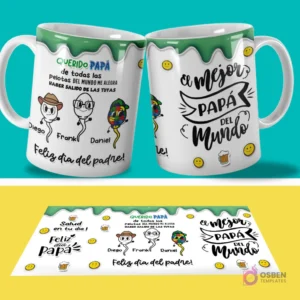 Par de tazas sublimadas con diseño humorístico 'Querido PAPÁ de todas las pelotas del mundo me alegra haber salido de las tuyas' y 'el mejor PAPÁ del mundo', junto a la plantilla PSD plana con fondo azul y amarillo.