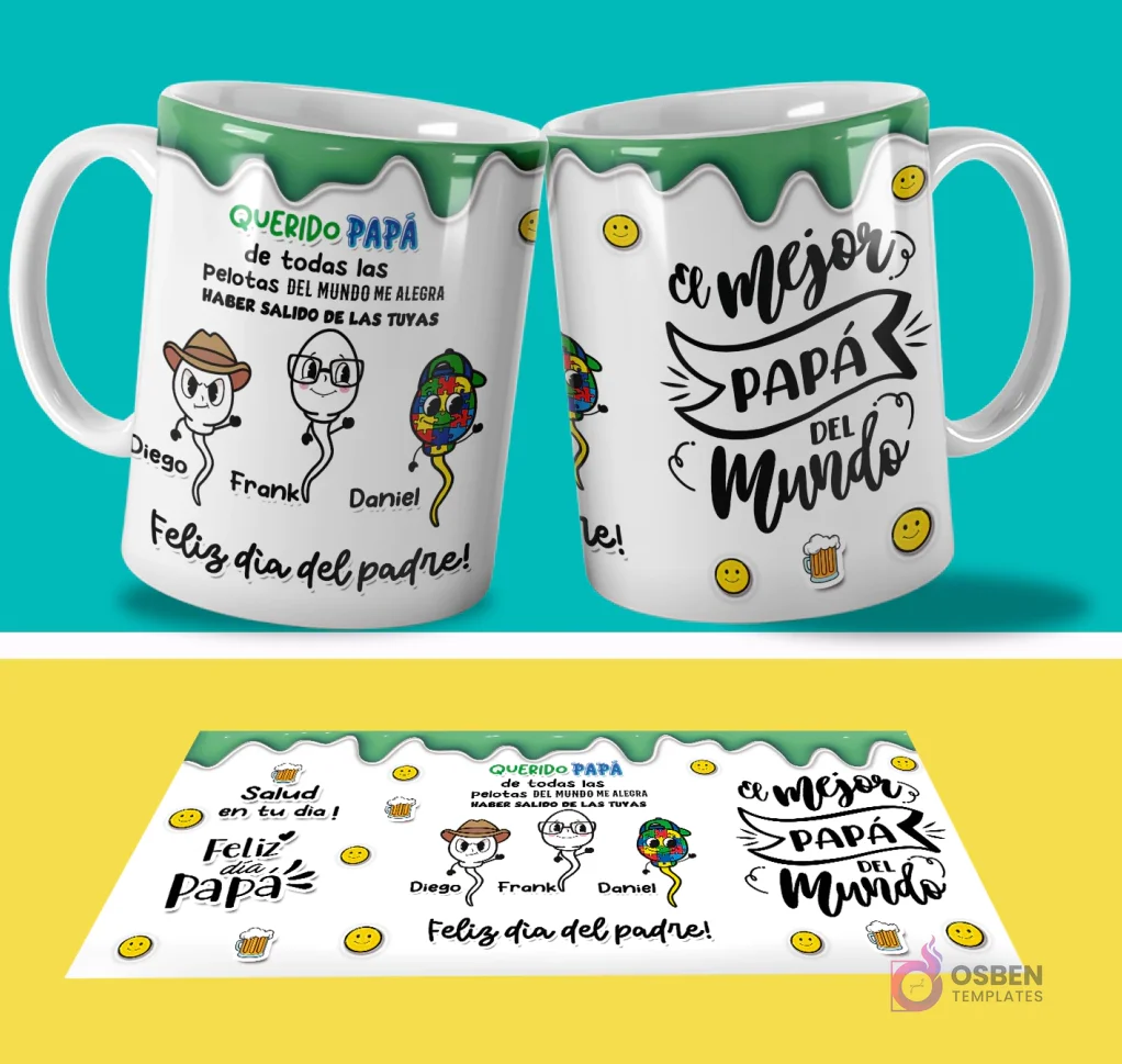 Par de tazas sublimadas con diseño humorístico 'Querido PAPÁ de todas las pelotas del mundo me alegra haber salido de las tuyas' y 'el mejor PAPÁ del mundo', junto a la plantilla PSD plana con fondo azul y amarillo. Par de tazas sublimadas con diseño humorístico 'Querido PAPÁ de todas las pelotas del mundo me alegra haber salido de las tuyas' y 'el mejor PAPÁ del mundo', junto a la plantilla PSD plana con fondo azul y amarillo.