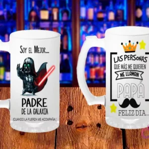 Diseño de shopero para Día del Padre con Darth Vader y 'PADRE DE LA GALAXIA (CUANDO LA FUERZA ME ACOMPAÑA)'. Otro con 'LAS PERSONAS QUE MÁS ME QUIEREN ME LLAMAN PAPÁ' y bigote.