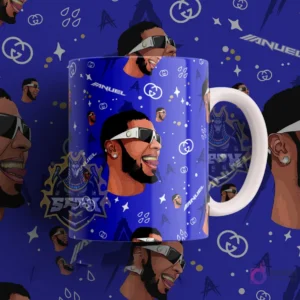 Taza sublimada con diseño del cantante urbano Anuel en estilo cartoon, sobre un fondo azul vibrante con el logo de Gucci y su nombre.