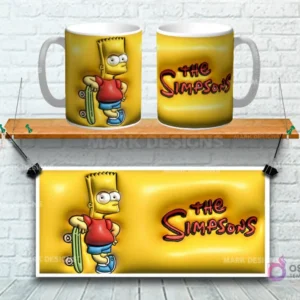 Taza sublimada con diseño 3D de Bart Simpson con skate sobre fondo amarillo con logo Los Simpsons