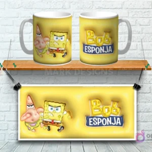 Taza sublimada con diseño 3D de Bob Esponja y Patricio Estrellas sobre fondo amarillo con logo