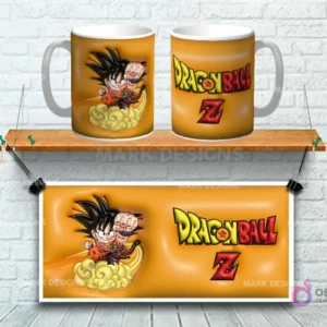 Taza sublimada con diseño 3D de Goku niño de Dragon Ball Z volando en nube, fondo naranja