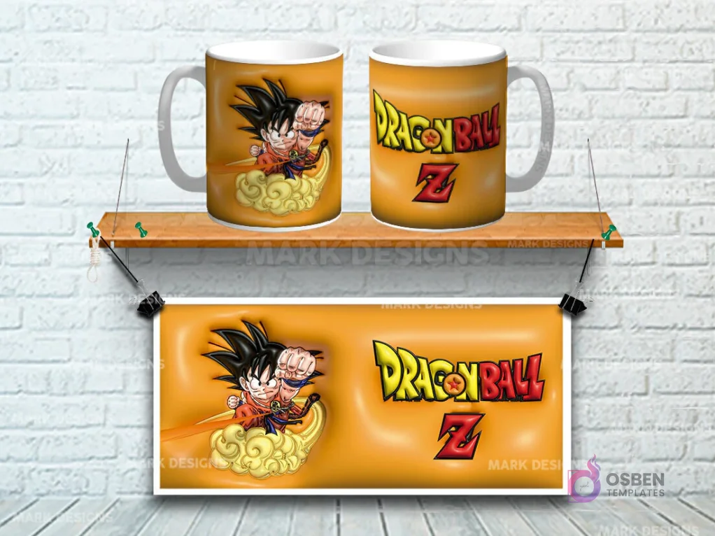 Taza sublimada con diseño 3D de Goku niño de Dragon Ball Z volando en nube, fondo naranja Taza sublimada con diseño 3D de Goku niño de Dragon Ball Z volando en nube, fondo naranja