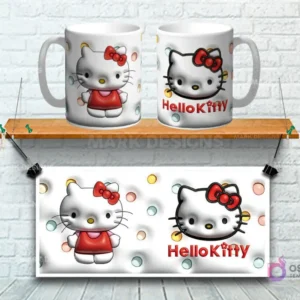 Taza sublimada con diseño 3D de Hello Kitty con vestido rojo, fondo blanco con círculos de colores