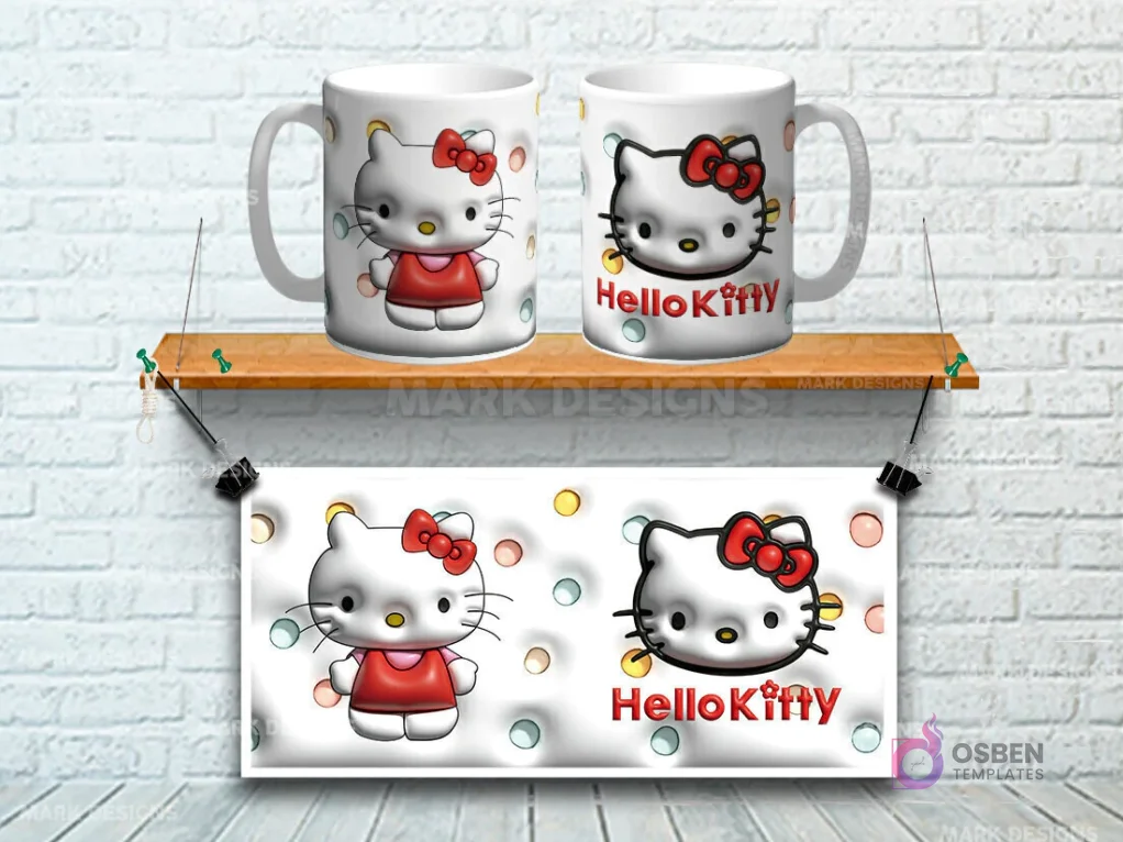 Taza sublimada con diseño 3D de Hello Kitty con vestido rojo, fondo blanco con círculos de colores Taza sublimada con diseño 3D de Hello Kitty con vestido rojo, fondo blanco con círculos de colores
