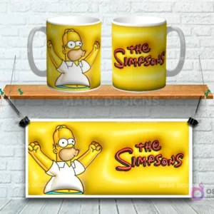 Taza sublimada con diseño 3D de Homer Simpson feliz sobre fondo amarillo con logo Los Simpsons