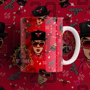 Taza sublimada con diseño del cantante urbano Jordan 23 en estilo cartoon, sobre un fondo rojo con el número 23 y el logo de los Chicago Bulls.