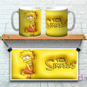 Taza sublimada con diseño 3D de Lisa Simpson bailando sobre fondo amarillo con logo Los Simpsons