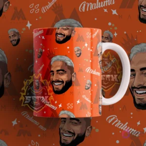 Taza sublimada con diseño del cantante urbano Maluma en estilo cartoon, sobre un fondo naranja intenso con el logo 'Maluma' y estrellas.