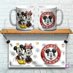 Taza sublimada con diseño 3D de Mickey y Minnie Mouse clásicos, fondo blanco con puntos de color