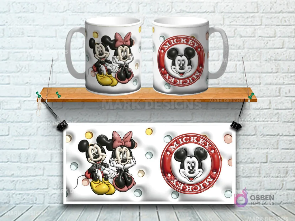 Taza sublimada con diseño 3D de Mickey y Minnie Mouse clásicos, fondo blanco con puntos de color Taza sublimada con diseño 3D de Mickey y Minnie Mouse clásicos, fondo blanco con puntos de color