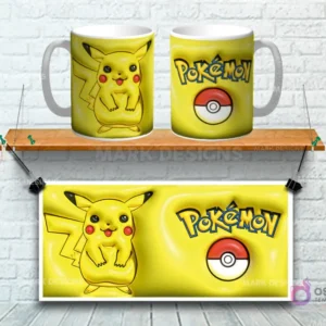 Taza sublimada con diseño 3D de Pikachu sonriente con Pokebola sobre fondo amarillo