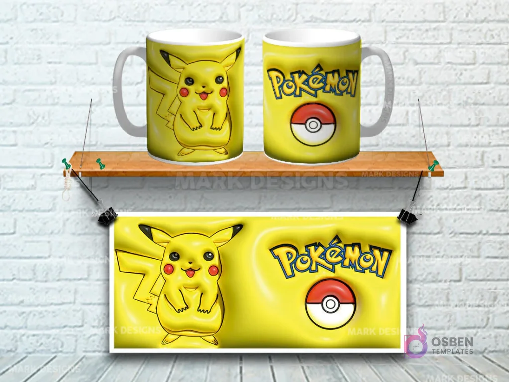 Taza sublimada con diseño 3D de Pikachu sonriente con Pokebola sobre fondo amarillo Taza sublimada con diseño 3D de Pikachu sonriente con Pokebola sobre fondo amarillo