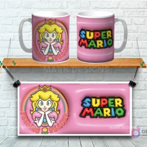 Taza sublimada con diseño 3D de la Princesa Peach de Super Mario con arcoíris, fondo rosa